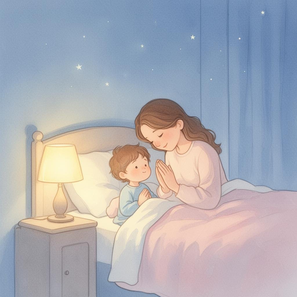 Mãe e filho orando juntos antes de dormir
